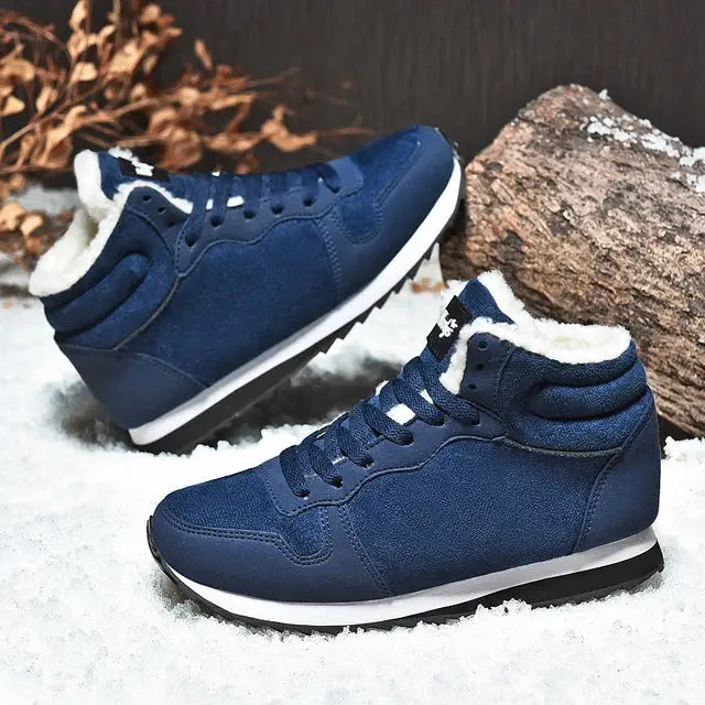 Men Waterproof Winter Boots – Warm Plush Non-Slip Snow Shoes in cozy winter outdoor setting.