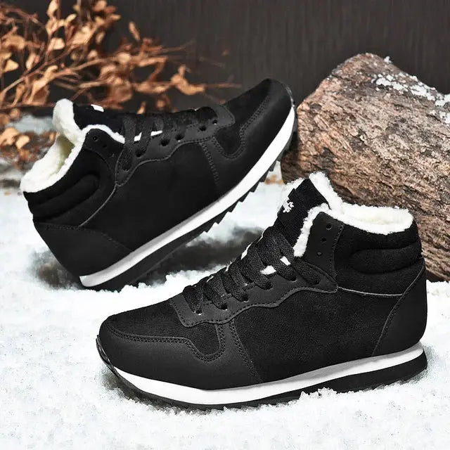 Men Waterproof Winter Boots – Warm Plush Non-Slip Snow Shoes in cozy winter outdoor setting.