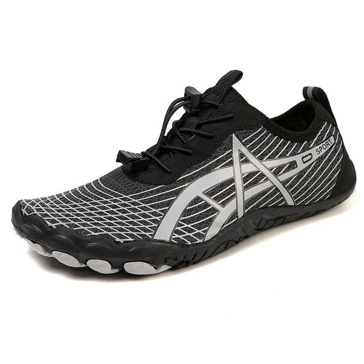 Elastic Lock Laces Mesh Breathable Hike Footwear in black and silver design, perfect for outdoor activities.