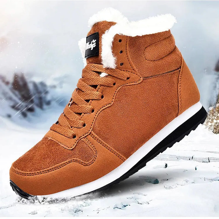 Men Waterproof Winter Boots – Warm Plush Non-Slip Snow Shoes on snowy background, showcasing plush lining and non-slip sole.