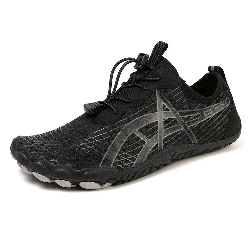 Elastic Lock Laces Mesh Breathable Hike Footwear in black with a lightweight design and durable non-slip sole.