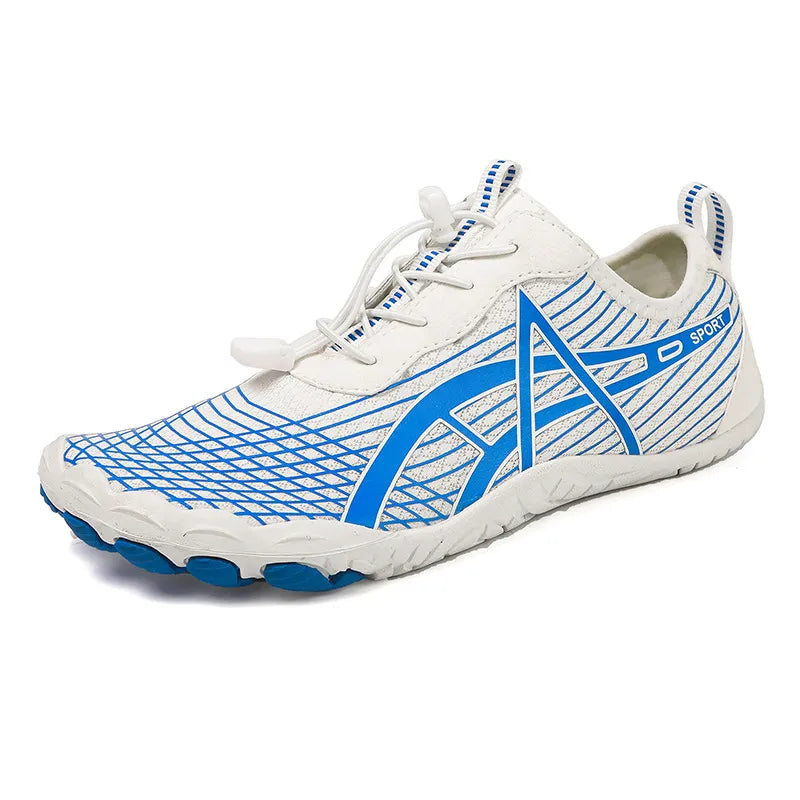 Elastic Lock Laces Mesh Breathable Hike Footwear in blue and white with lightweight design and non-slip sole.