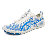 Elastic Lock Laces Mesh Breathable Hike Footwear in blue and white with lightweight design and non-slip sole.