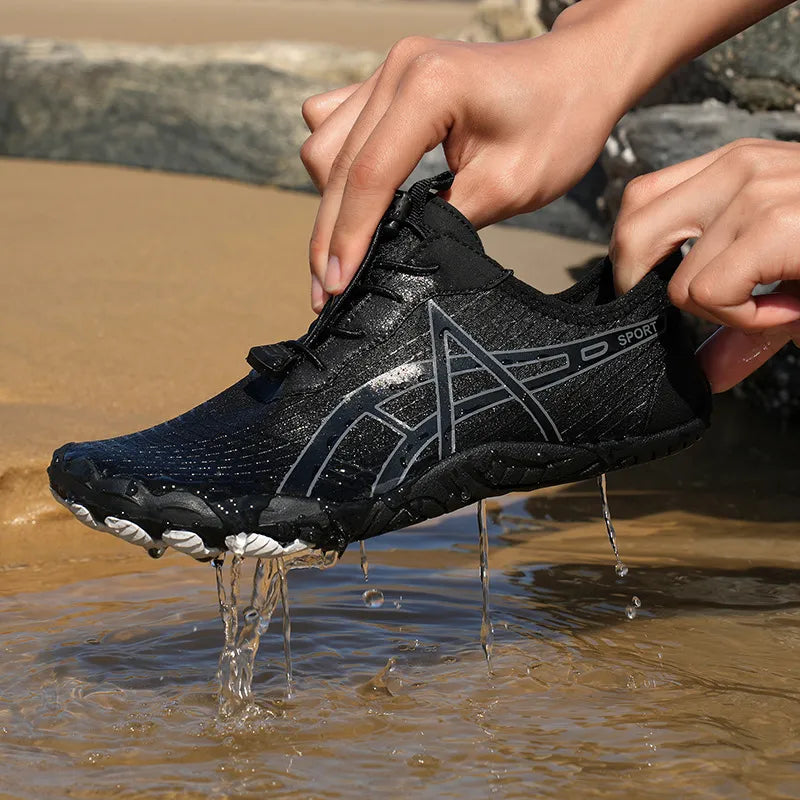 Elastic Lock Laces Mesh Breathable Hike Footwear being worn in water, showcasing its lightweight and breathable design.