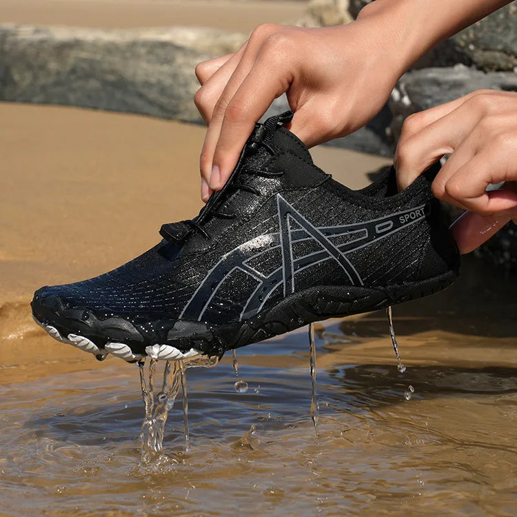 Elastic Lock Laces Mesh Breathable Hike Footwear being worn in water, showcasing its lightweight and breathable design.