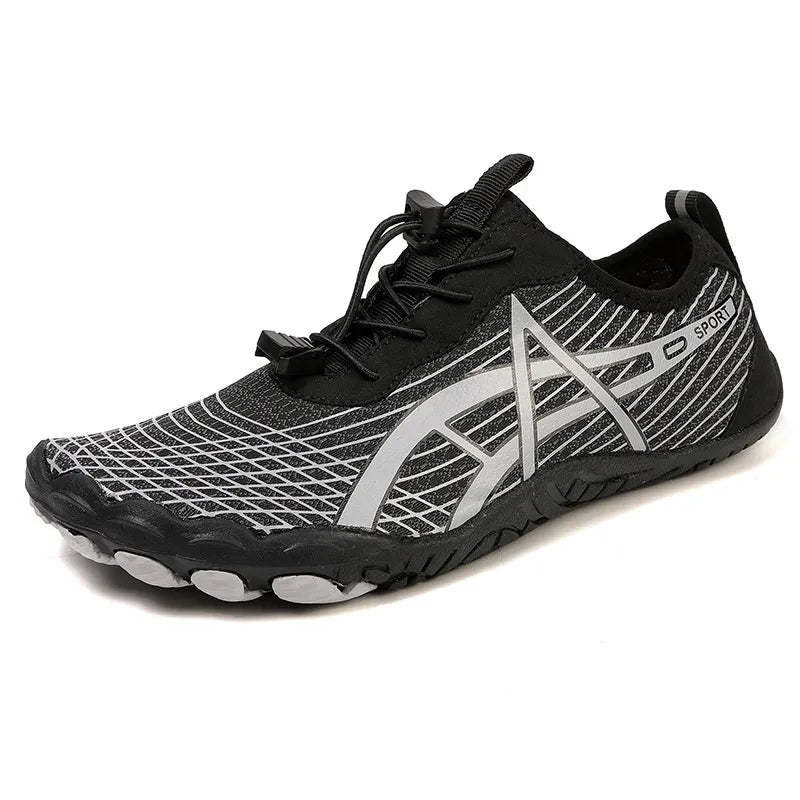 Elastic Lock Laces Mesh Breathable Hike Footwear in black and silver design, perfect for outdoor activities.