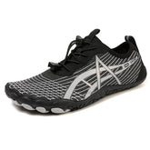 Elastic Lock Laces Mesh Breathable Hike Footwear in black and silver design, perfect for outdoor activities.