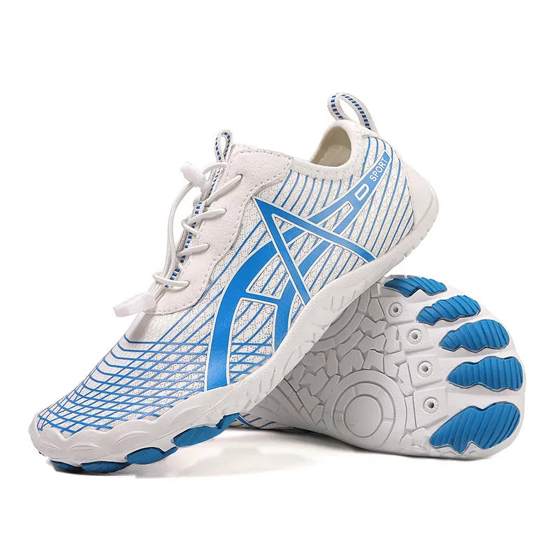Elastic Lock Laces Mesh Breathable Hike Footwear in white and blue color with non-slip sole.