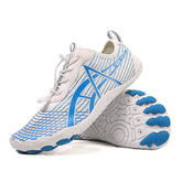 Elastic Lock Laces Mesh Breathable Hike Footwear in white and blue color with non-slip sole.